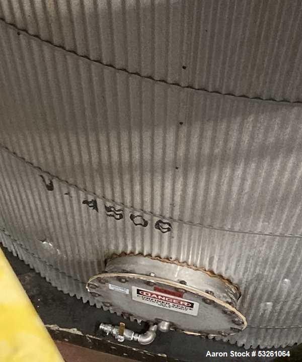 Used Approximate 8000 gallon Stainless Steel Mixing Tank With Centrifugal Pump, V-4506. Flat top with misc. top inlets. Cone bottom with center bottom outlet. Insulated shell. Top entering Chemineer ...