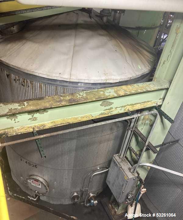 Used Approximate 8000 gallon Stainless Steel Mixing Tank With Centrifugal Pump, V-4506. Flat top with misc. top inlets. Cone bottom with center bottom outlet. Insulated shell. Top entering Chemineer ...