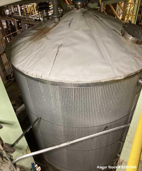 Used Approximate 8000 gallon Stainless Steel Mixing Tank With Centrifugal Pump, V-4505. Flat top with misc. top inlets. Cone bottom with center bottom outlet. Insulated shell. Top entering Chemineer ...