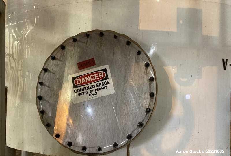 Used Approximate 8000 gallon Stainless Steel Mixing Tank With Centrifugal Pump, V-4505. Flat top with misc. top inlets. Cone bottom with center bottom outlet. Insulated shell. Top entering Chemineer ...