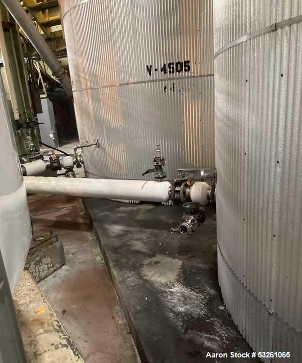 Used Approximate 8000 gallon Stainless Steel Mixing Tank With Centrifugal Pump, V-4505. Flat top with misc. top inlets. Cone bottom with center bottom outlet. Insulated shell. Top entering Chemineer ...