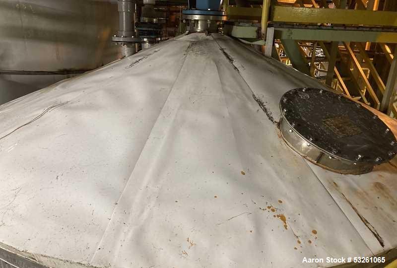 Used Approximate 8000 gallon Stainless Steel Mixing Tank With Centrifugal Pump, V-4505. Flat top with misc. top inlets. Cone bottom with center bottom outlet. Insulated shell. Top entering Chemineer ...