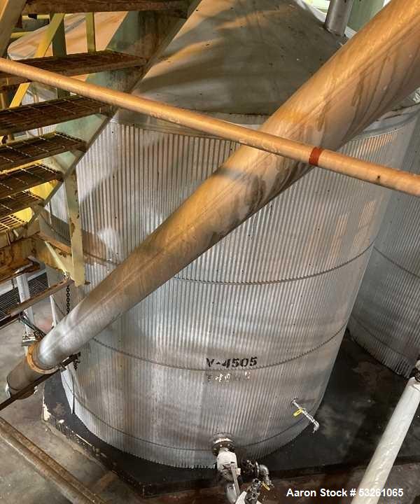 Used Approximate 8000 gallon Stainless Steel Mixing Tank With Centrifugal Pump, V-4505. Flat top with misc. top inlets. Cone bottom with center bottom outlet. Insulated shell. Top entering Chemineer ...