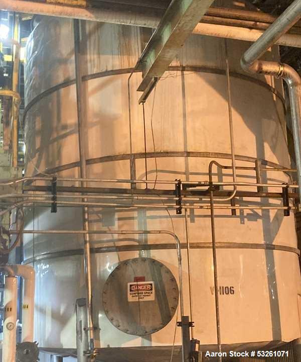 Used Approximate 8000 gal 316L Stainless Steel Agitated Tank With Centrifugal Pump, V-1106. Pump P-1106. Unimount 125 motor, Model F029B. 1 hp, 3 ph, 60 HZ, 1750 RPM. Frame 143TC. Worthington Model D...