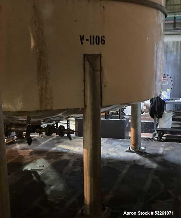 Used Approximate 8000 gal 316L Stainless Steel Agitated Tank With Centrifugal Pump, V-1106. Pump P-1106. Unimount 125 motor, Model F029B. 1 hp, 3 ph, 60 HZ, 1750 RPM. Frame 143TC. Worthington Model D...