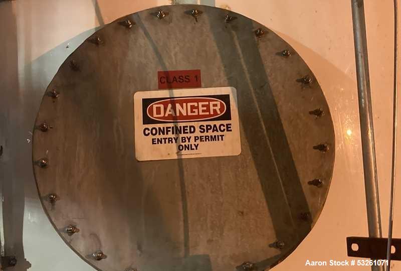 Used Approximate 8000 gal 316L Stainless Steel Agitated Tank With Centrifugal Pump, V-1106. Pump P-1106. Unimount 125 motor, Model F029B. 1 hp, 3 ph, 60 HZ, 1750 RPM. Frame 143TC. Worthington Model D...