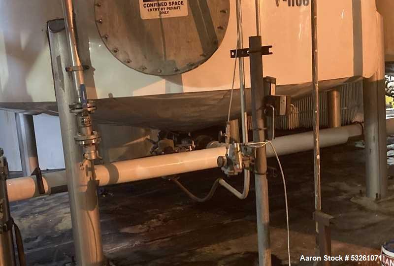 Used Approximate 8000 gal 316L Stainless Steel Agitated Tank With Centrifugal Pump, V-1106. Pump P-1106. Unimount 125 motor, Model F029B. 1 hp, 3 ph, 60 HZ, 1750 RPM. Frame 143TC. Worthington Model D...