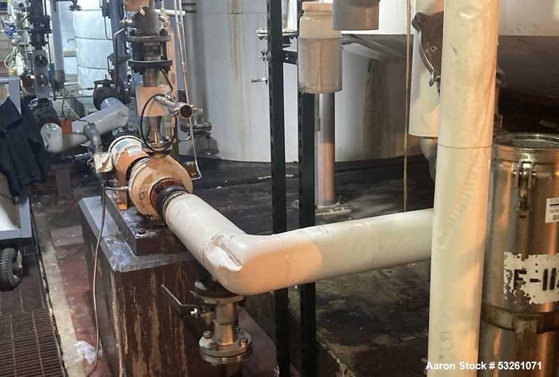 Used Approximate 8000 gal 316L Stainless Steel Agitated Tank With Centrifugal Pump, V-1106. Pump P-1106. Unimount 125 motor, Model F029B. 1 hp, 3 ph, 60 HZ, 1750 RPM. Frame 143TC. Worthington Model D...