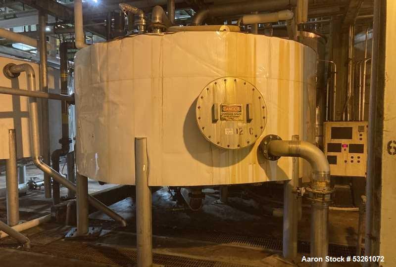 Used Approximate 5200 gallon Stainless Steel Mixing Tank. 12C. Includes centrifugal pump.