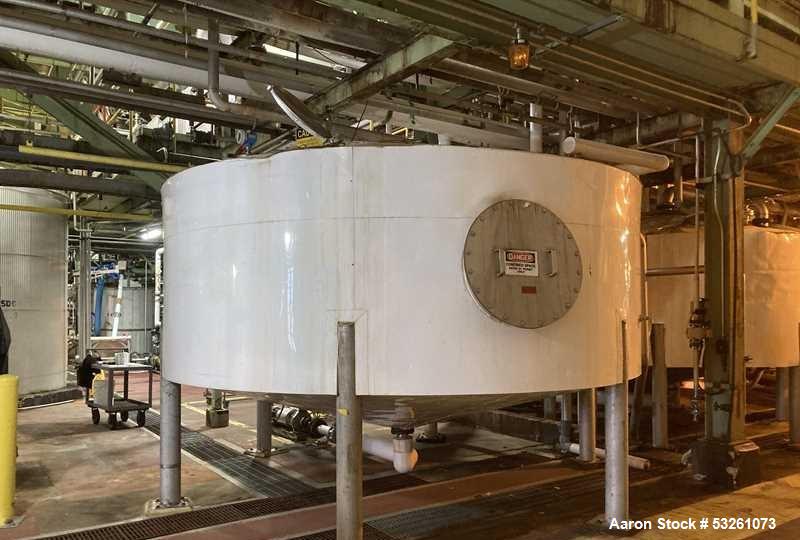 Used Approximate 5200 gallon Stainless Steel Mixing Tank, V-4541. With Centrifugal pump, 60/50 HZ, 1745-1450 RPM, 230/460V. Griswold S/N 0030022629. Tom 2014. Model S-AA-11062.