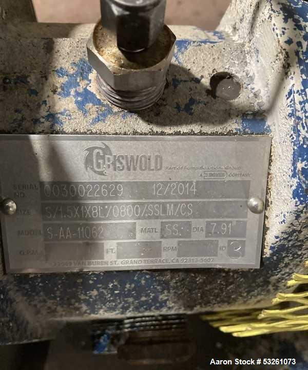 Used Approximate 5200 gallon Stainless Steel Mixing Tank, V-4541. With Centrifugal pump, 60/50 HZ, 1745-1450 RPM, 230/460V. Griswold S/N 0030022629. Tom 2014. Model S-AA-11062.