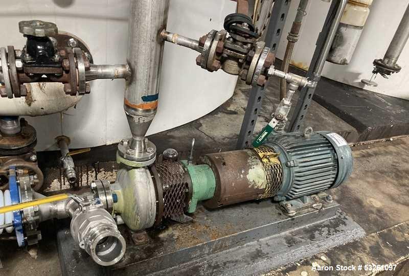 Used Approximate 7900 gallon Stainless Steel Mixing Tank, V-4320. Pump P-4320: Industrial Electric Motor. 60 hz, 230/460 V.