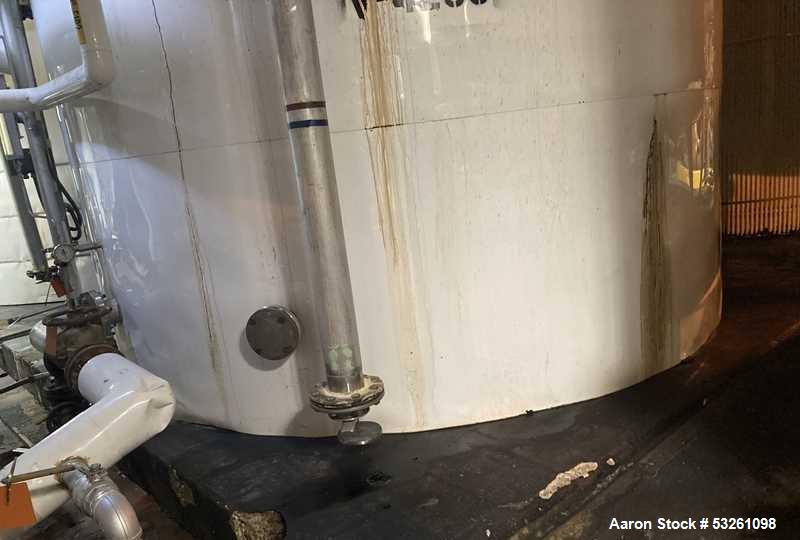 Used Approximate 7900 gallon Stainless Steel Mixing Tank, V-4208. Pump P-4328: 5 hp, 3510 RPM, 50/60 HZ, 230/460 V.