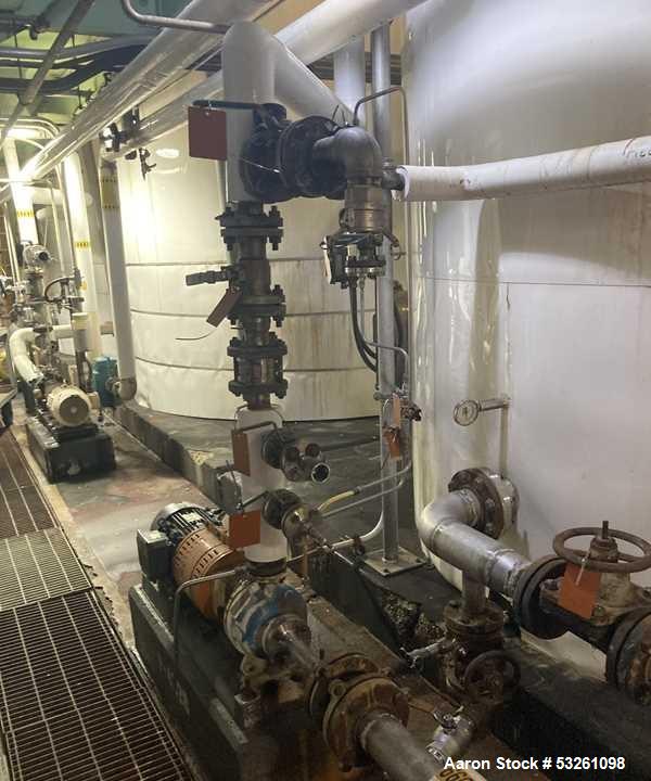 Used Approximate 7900 gallon Stainless Steel Mixing Tank, V-4208. Pump P-4328: 5 hp, 3510 RPM, 50/60 HZ, 230/460 V.
