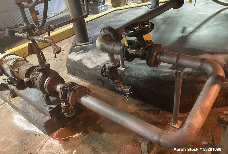 Used Approximate 7900 gallon Stainless Steel Mixing Tank, V-4715. Worthington pump P-4720: Unimount motor model A912A. 7.5 hp, 3510 RPM. Frame 213T. 3 ph, 60 hz, 208-230/460.