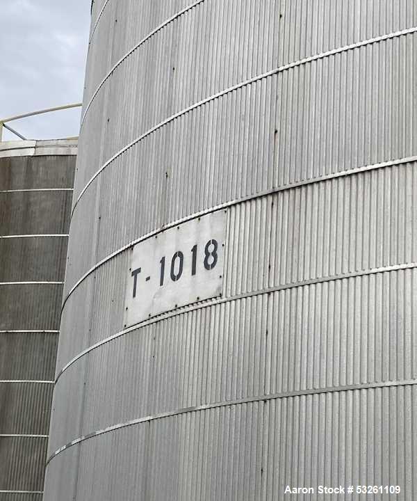 Used Approximate 80,000 gallon 316L Stainless Steel Storage Tank, T-1018. Dished top with misc. top inlets. Flat self supporting bottom. 20" side bottom manway. Heating coils, side ladder.