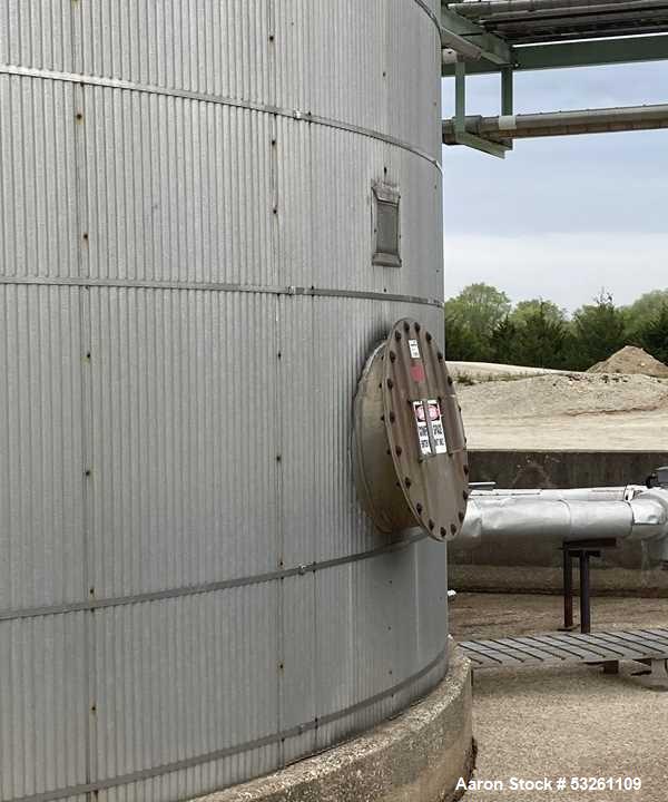 Used Approximate 80,000 gallon 316L Stainless Steel Storage Tank, T-1018. Dished top with misc. top inlets. Flat self supporting bottom. 20" side bottom manway. Heating coils, side ladder.