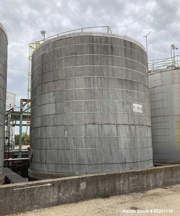 Used Approximate 80,000 gallon 316L Stainless Steel Storage Tank, T-1019. Dished top with misc. top inlets. Flat self supporting bottom. 20" side bottom manway. Heating coils, side ladder.