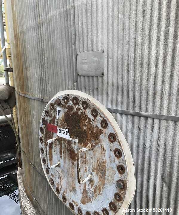 Used Approximate 80,000 gallon 316L Stainless Steel Storage Tank, T-1019. Dished top with misc. top inlets. Flat self supporting bottom. 20" side bottom manway. Heating coils, side ladder.