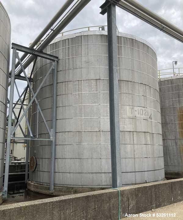 Used Approximate 80,000 gallon 316L Stainless Steel Storage Tank, T-1021. Dished top with misc. top inlets. Flat self supporting bottom. 20" side bottom manway. Heating coils, side ladder.