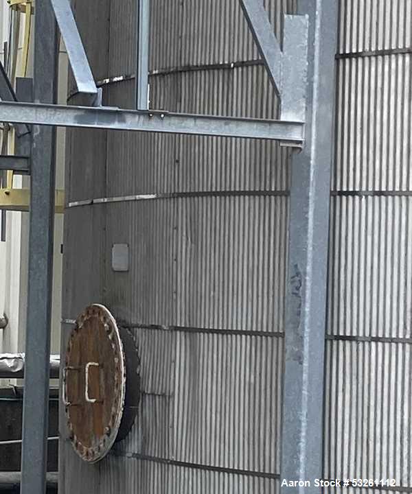 Used Approximate 80,000 gallon 316L Stainless Steel Storage Tank, T-1021. Dished top with misc. top inlets. Flat self supporting bottom. 20" side bottom manway. Heating coils, side ladder.