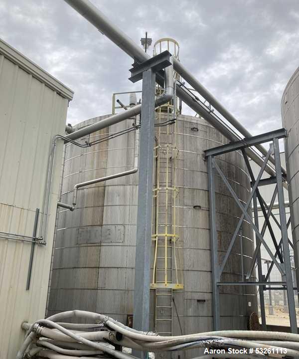 Used Approximate 80,000 gallon 316L Stainless Steel Storage Tank, T-1022. Dished top with misc. top inlets. Flat self supporting bottom. 20" side bottom manway. Heating coils, side ladder.