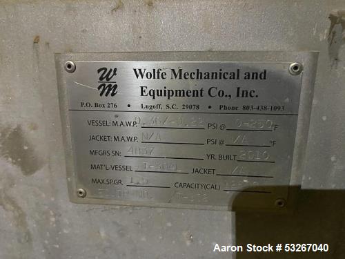 Wolfe Mechanical approximately 12,600 gallon 304L stainless steel vertical tank.