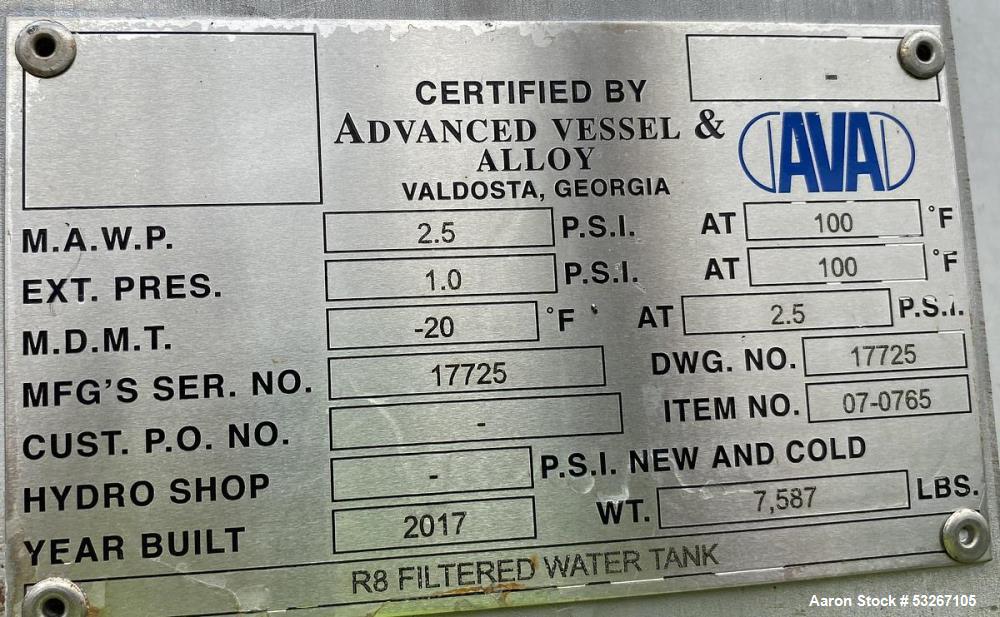Used 8,800 Gallon Advanced Vessel Stainless Steel Vertical Tank – 10' x 15', Built 2017
