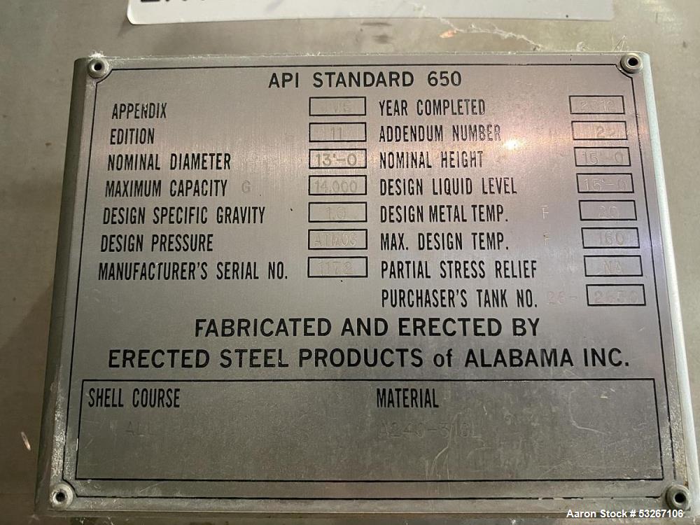 Used 14,000 Gallon 316L Stainless Steel Vertical Tank – Erected Steel Products, API-650, Side Agitator