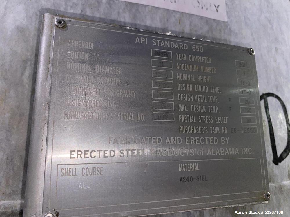 Used 9,000 Gallon 316L Stainless Steel Vertical Tank – Erected Steel Products, API-650, Built 2012