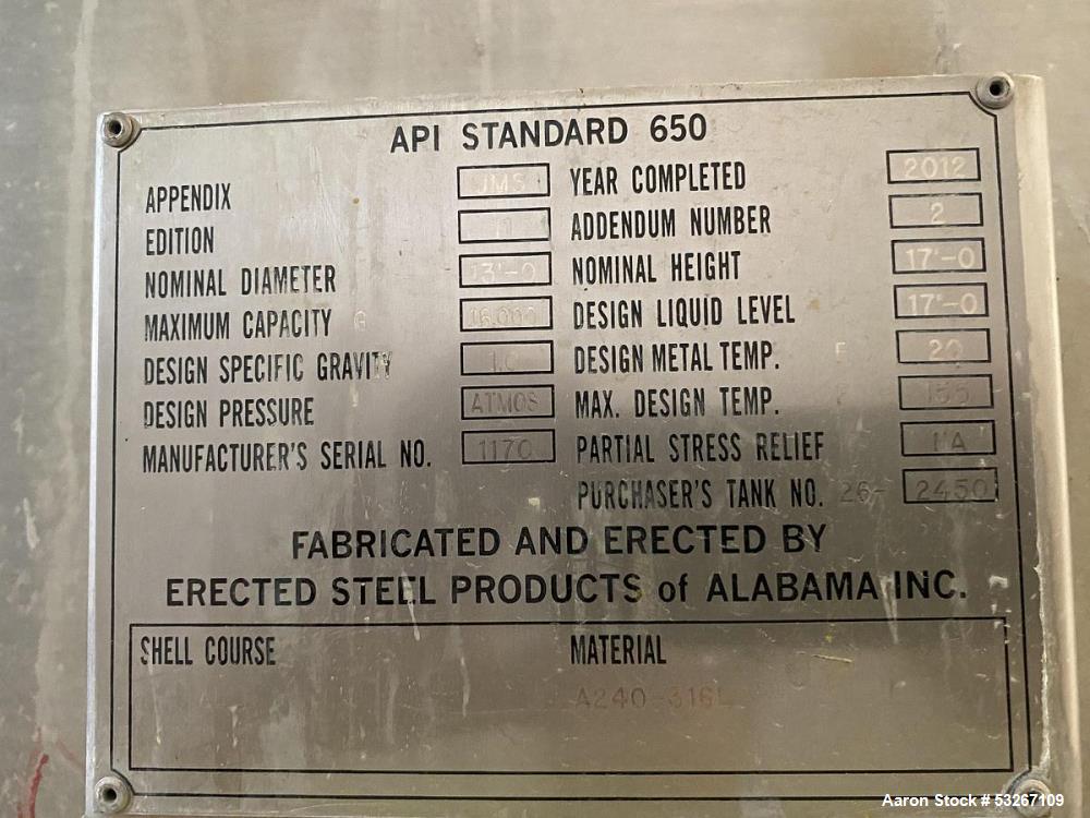 Used 16,000 Gallon 316L Stainless Steel Vertical Tank – Erected Steel Products, API-650, Built 2012