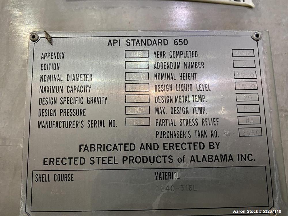 Used 14,000 Gallon 316L Stainless Steel Vertical Tank – Erected Steel Products, API-650, Agitated, Built 2012