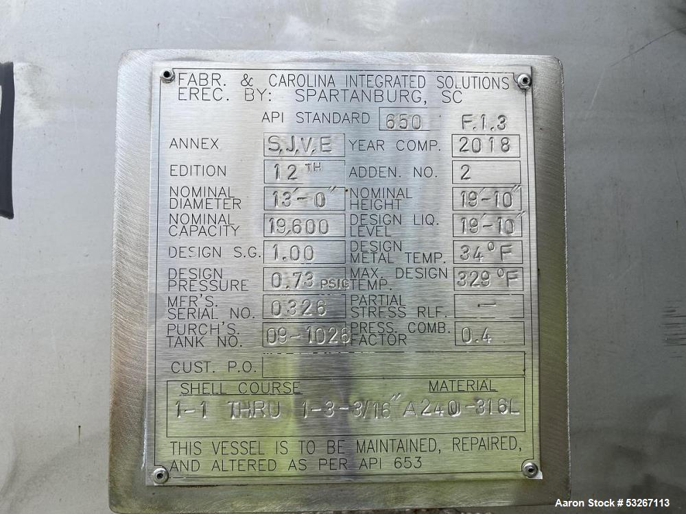 Used 19,600 Gallon 316L Stainless Steel Vertical Tank – Fabricators & Carolina Integrated, API-650, Built 2018