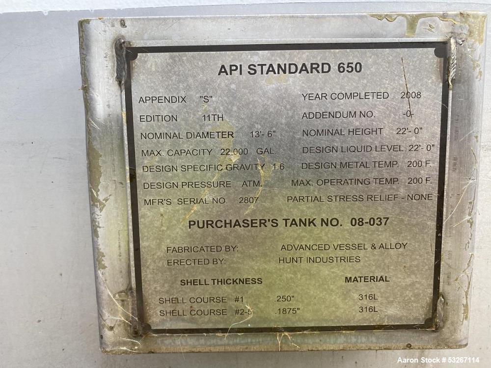 Used 22,000 Gallon 316L Stainless Steel Vertical Tank – Advance Vessel, API-650, Built 2008