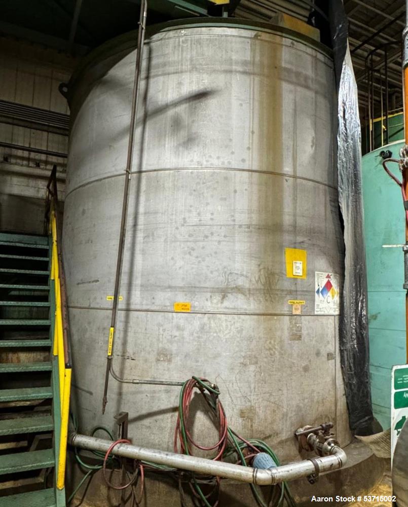 Used Stainless Steel Storage tank 10,000 gallon Capacity; Approx. 12' 6" Diameter x 12' High. Flat top and bottom.