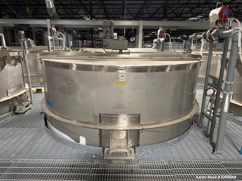 Used ICCNW Single wall stainless steel mixing tank, 120 diameter x 11FT high, 6,813 gallon capacity, (TK 232), 4 blade agitator with 5HP drive, mounted on load cells (East 2)