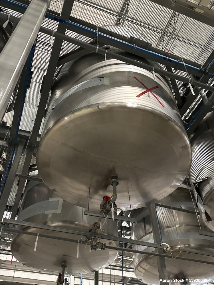 Used ICCNW Single wall stainless steel mixing tank, 120 diameter x 11FT high, 6,813 gallon capacity, (TK 232), 4 blade agitator with 5HP drive, mounted on load cells (East 2)