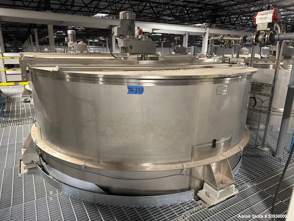 Used ICCNW Single wall stainless steel mixing tank, 120 diameter x 11FT high, 6,813 gallon capacity, (TK 233), 4 blade agitator with 5HP drive, mounted on load cells (East 2)