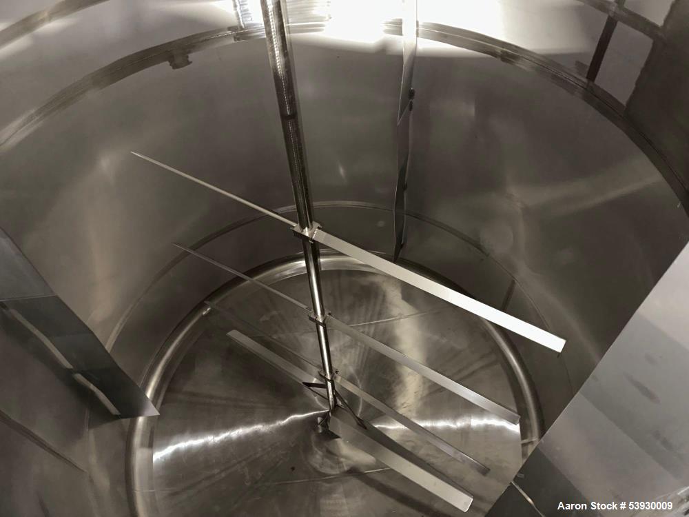 Used ICCNW Single wall stainless steel mixing tank, 120 diameter x 11FT high, 6,813 gallon capacity, (TK 233), 4 blade agitator with 5HP drive, mounted on load cells (East 2)
