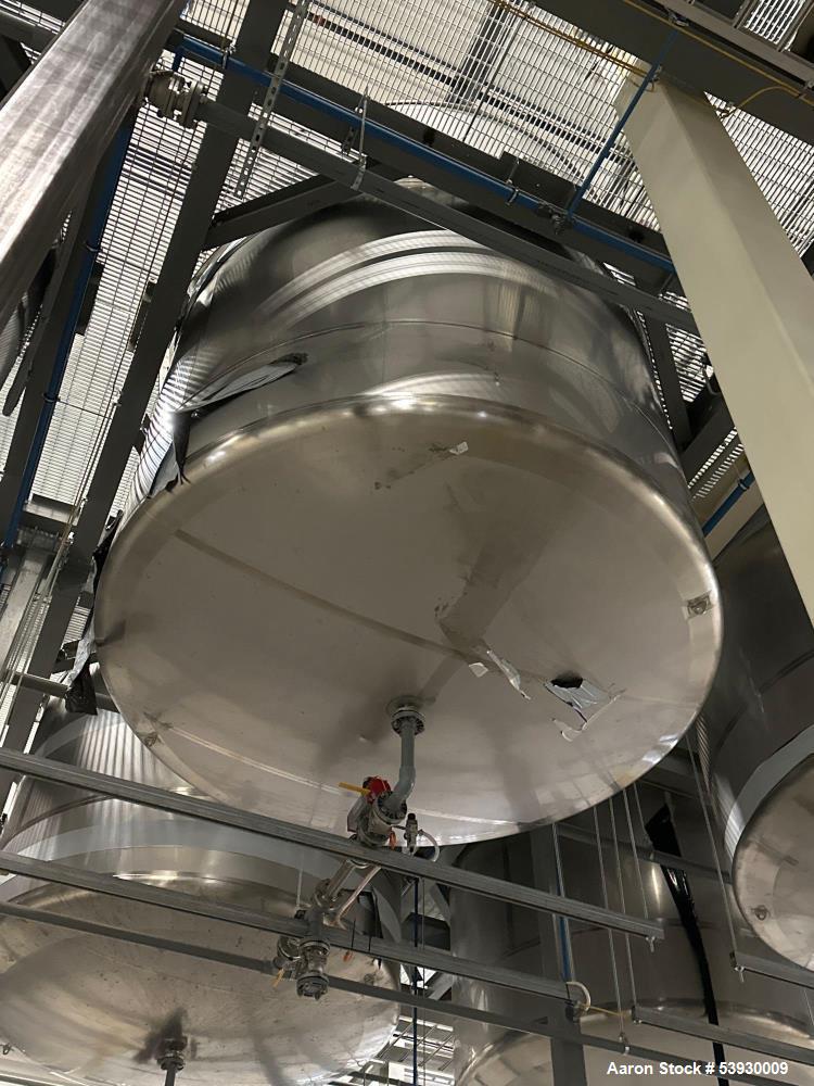 Used ICCNW Single wall stainless steel mixing tank, 120 diameter x 11FT high, 6,813 gallon capacity, (TK 233), 4 blade agitator with 5HP drive, mounted on load cells (East 2)