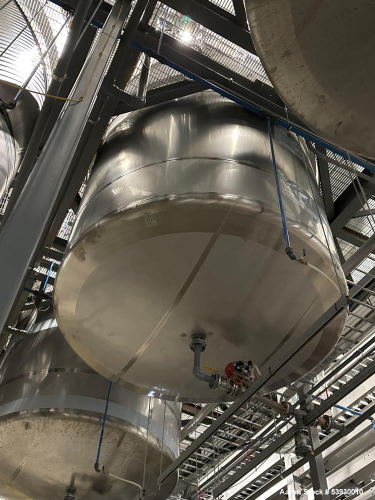 Used ICCNW Single wall stainless steel mixing tank, 120 diameter x 11FT high, 6,813 gallon capacity, (TK 237), 4 blade agitator with 5HP drive, mounted on load cells (East 2)