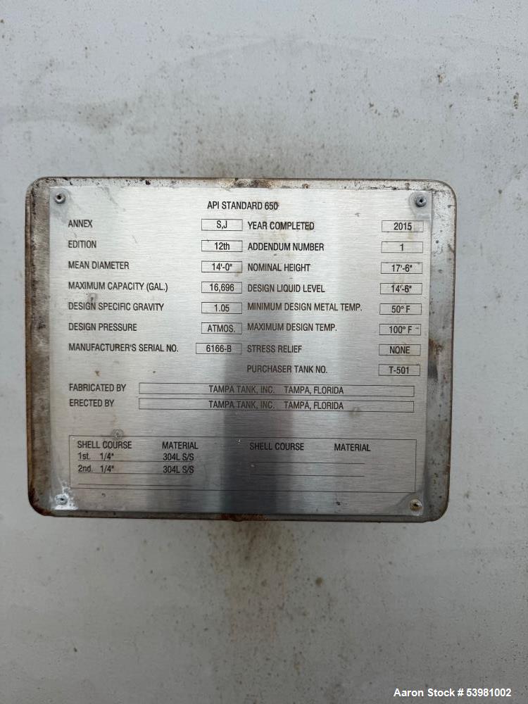 Used 304L Stainless Steel 16,696 Gallon Tank by Tampa Tank – API 650 Rated