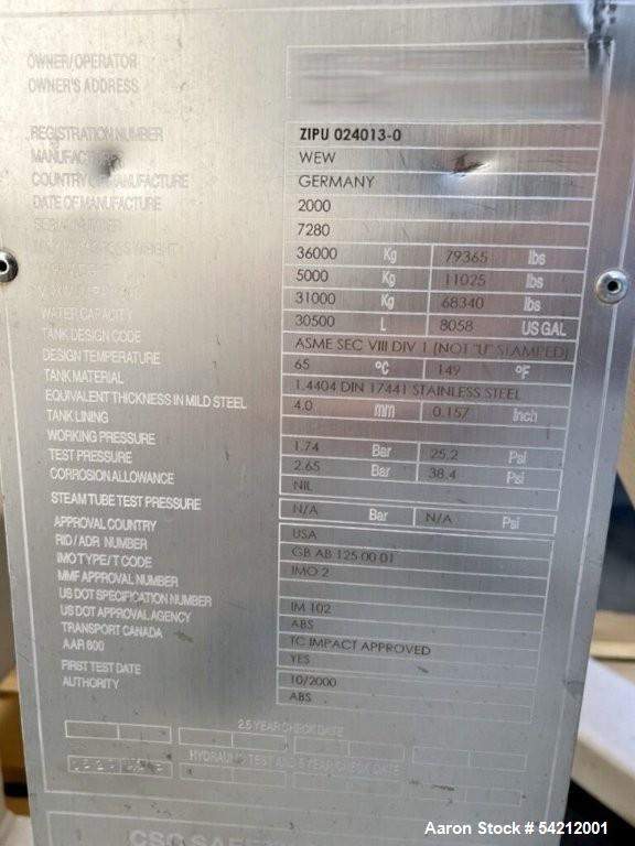 Unused Industrial 8,058-Gallon 316L Stainless Steel WEW ISO Tank Container | Horizontal 24’ Frame-Mounted Vessel | 25.2 PSI @ 149°F