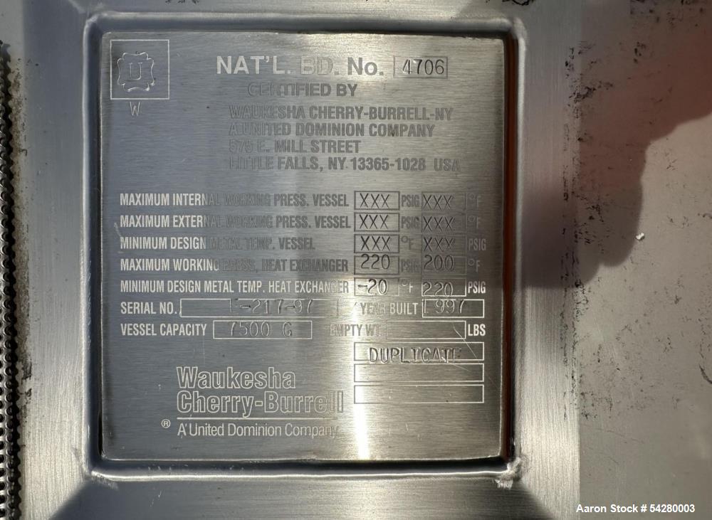 Used Cherry Burrell Jacketed Mix Tank. 7,500 Gallon, Stainless steel.