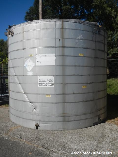 Used 11,000 gallon stainless steel storage tank, approximately 12'6" diameter X 11' straight side, dome top, flat bottom, approximately 24" top manway, 1.5" side nozzle, (2) 3" side bottom outlets.