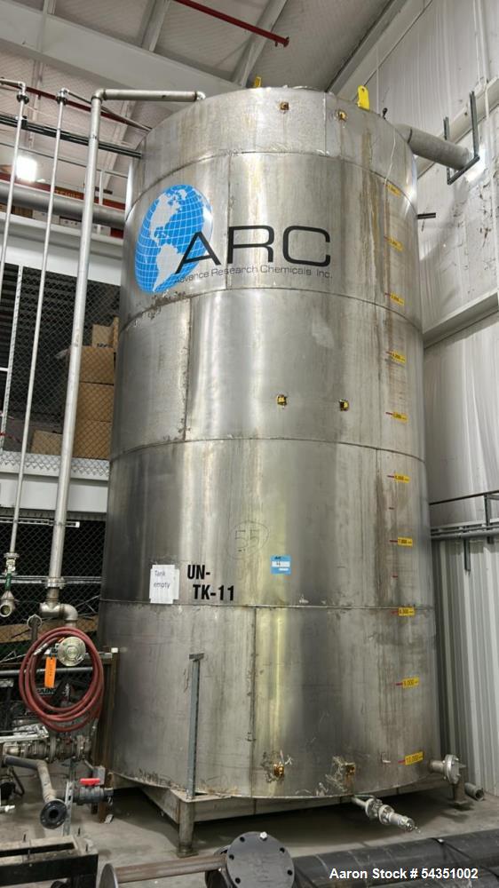 Used Approximate 10,000 Gallon Stainless Steel Tank. Approximate 120" diameter x 204" straight side, flat top & bottom. Top Manway with cover.