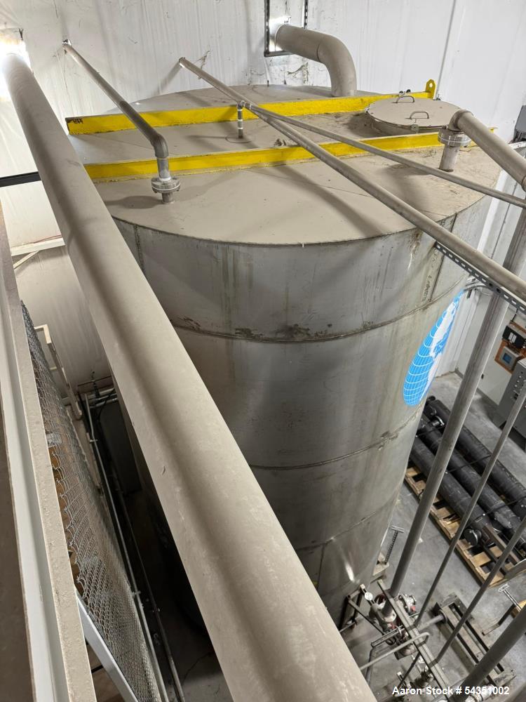 Used Approximate 10,000 Gallon Stainless Steel Tank. Approximate 120" diameter x 204" straight side, flat top & bottom. Top Manway with cover.