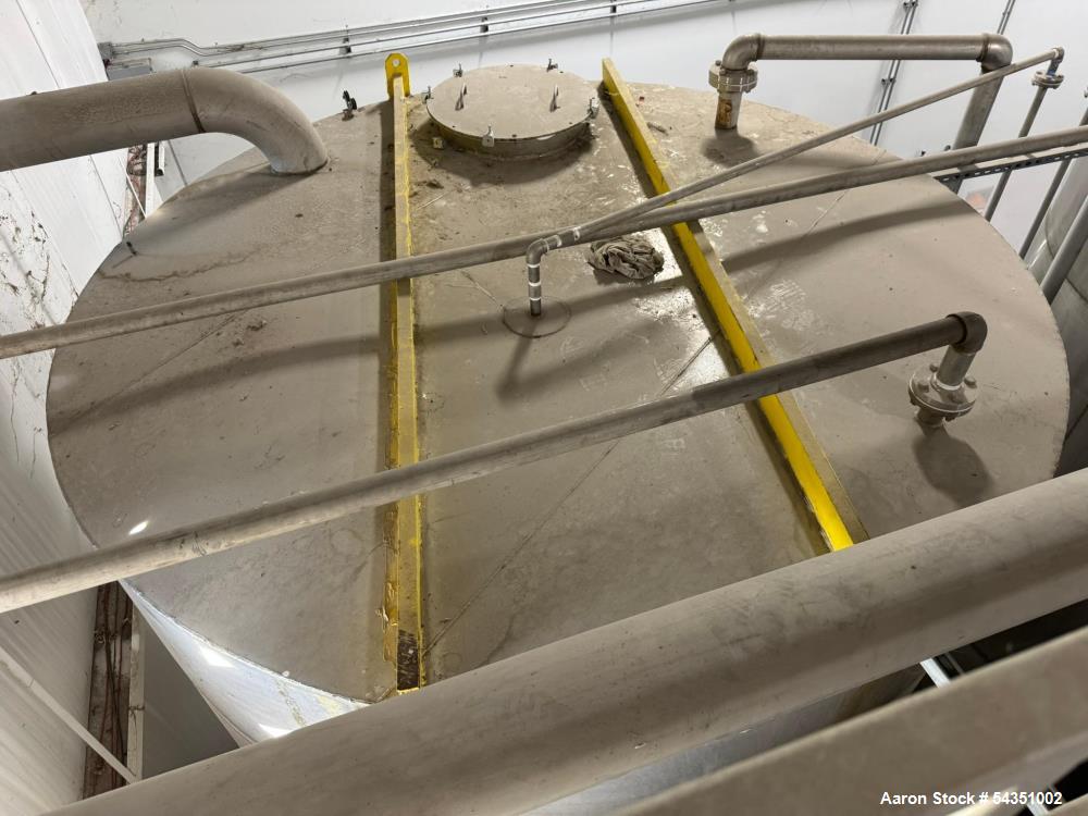 Used Approximate 10,000 Gallon Stainless Steel Tank. Approximate 120" diameter x 204" straight side, flat top & bottom. Top Manway with cover.