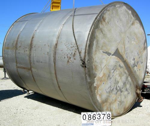 USED: Tank, 10,000 gallon, 304 stainless steel, vertical. Approximate 11' diameter x 14' straight side. Coned top, sloped bottom. Openings: top 18" manway with cover, 3", 6", 4"; 16" x 20" side oval ...