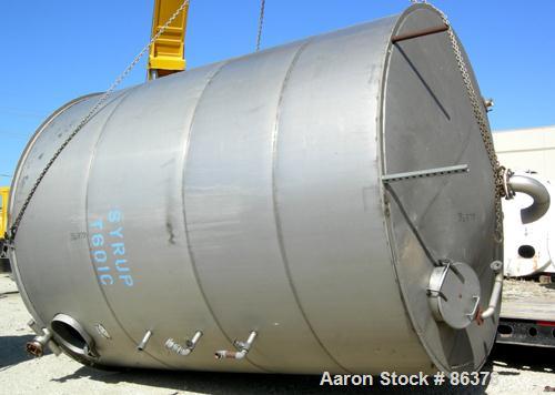 USED: Tank, 10,000 gallon, 304 stainless steel, vertical. Approximate 11' diameter x 14' straight side. Coned top, sloped bottom. Openings: top 18" manway with cover, 3", 6", 4"; 16" x 20" side oval ...